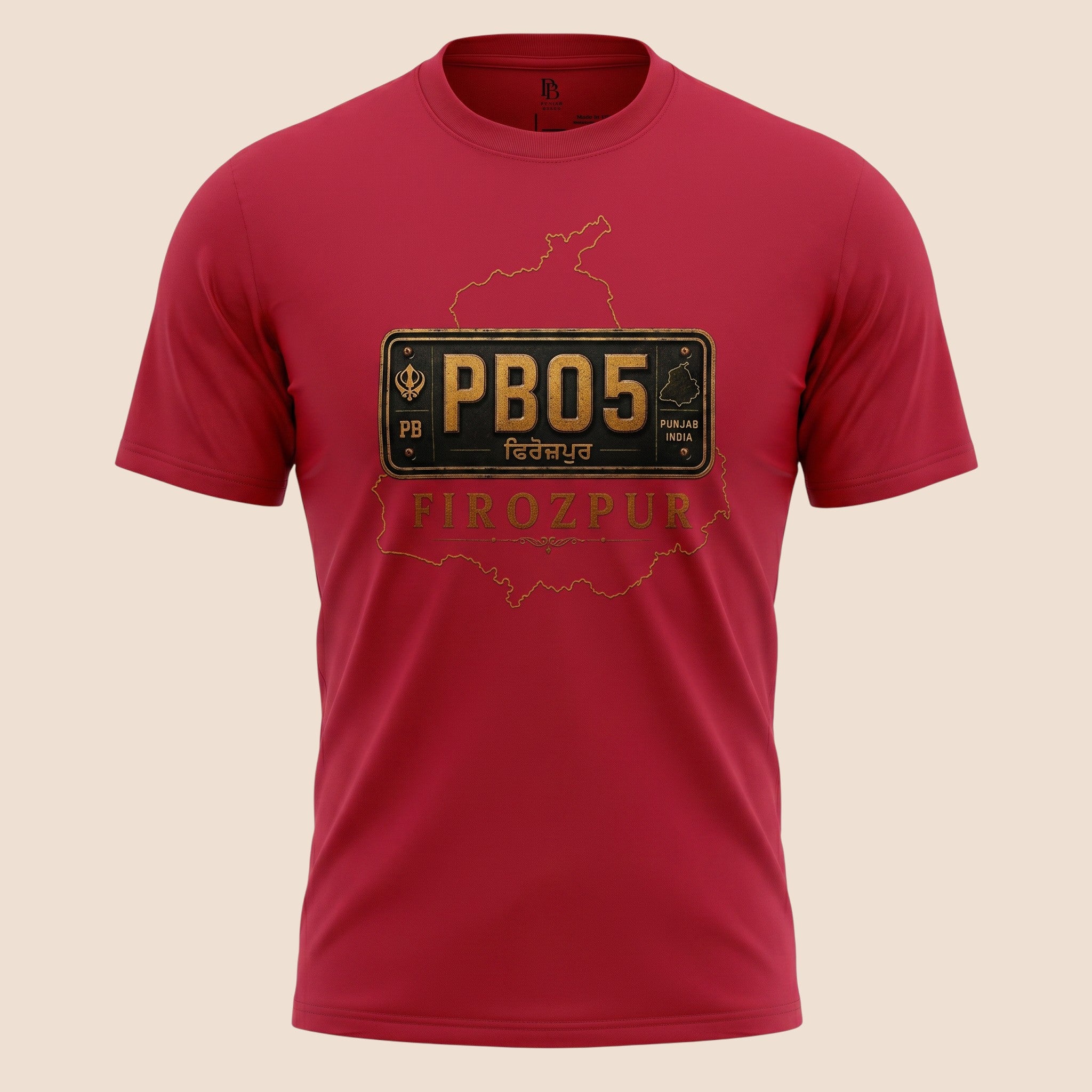 PUNJAB BOLDA red unisex classic tee featuring a PB05 Firozpur district graphic print from the JILA collection.