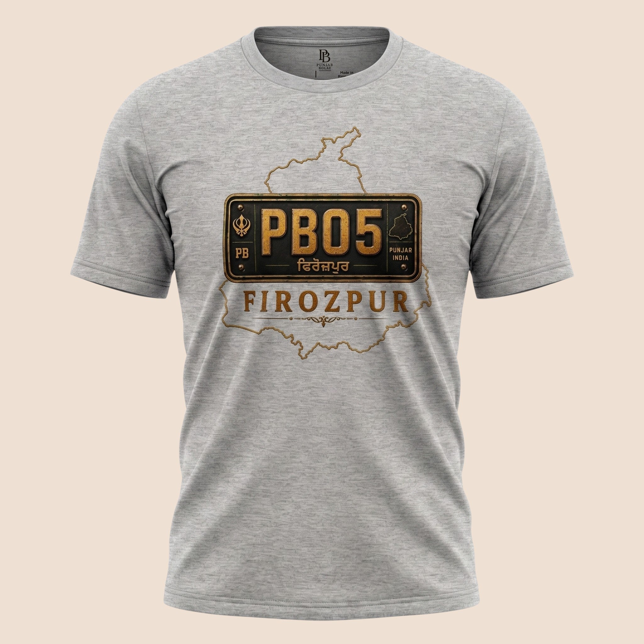 PUNJAB BOLDA grey unisex classic tee featuring a Firozpur district license plate graphic and Punjab map outline.