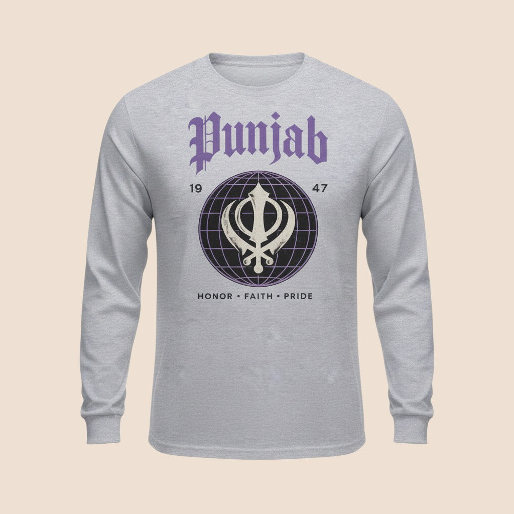 PUNJAB BOLDA grey long sleeve cotton shirt featuring a purple Punjab graphic with a Khanda symbol and 1947 text.