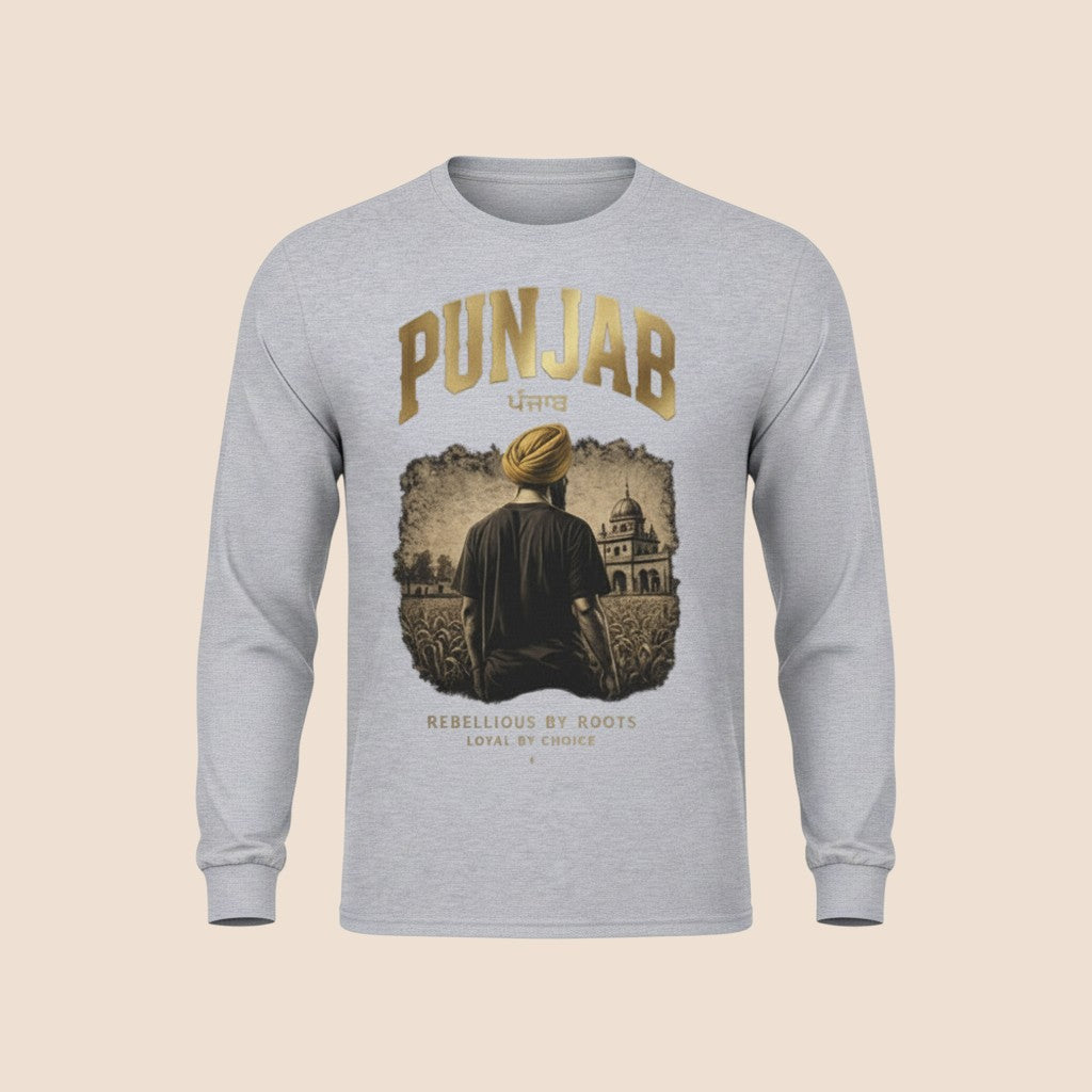 PUNJAB BOLDA grey long sleeve cotton shirt featuring a graphic of a man in a turban standing in a field.