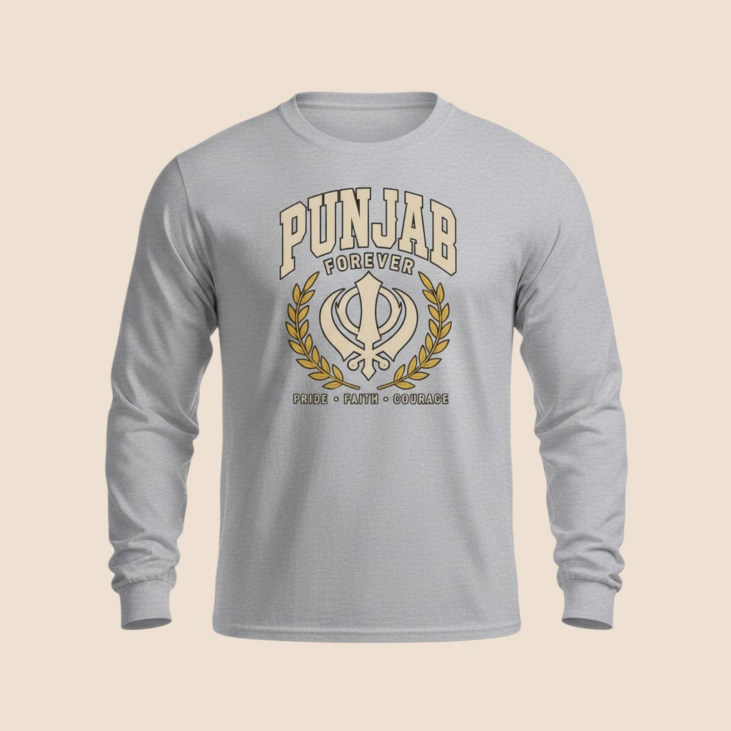 PUNJAB BOLDA grey long sleeve cotton shirt featuring Punjab Forever graphic with Khanda symbol and laurel wreath.