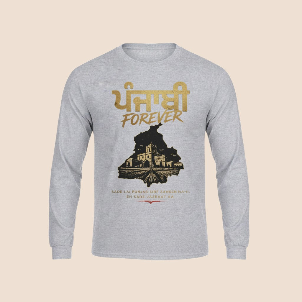 PUNJAB BOLDA grey long sleeve cotton shirt featuring Punjabi Forever graphic print with cultural illustration.