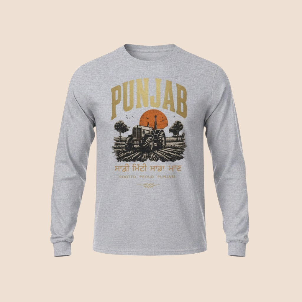 PUNJAB BOLDA grey long sleeve cotton shirt featuring a tractor graphic, sunset, and Punjabi text.