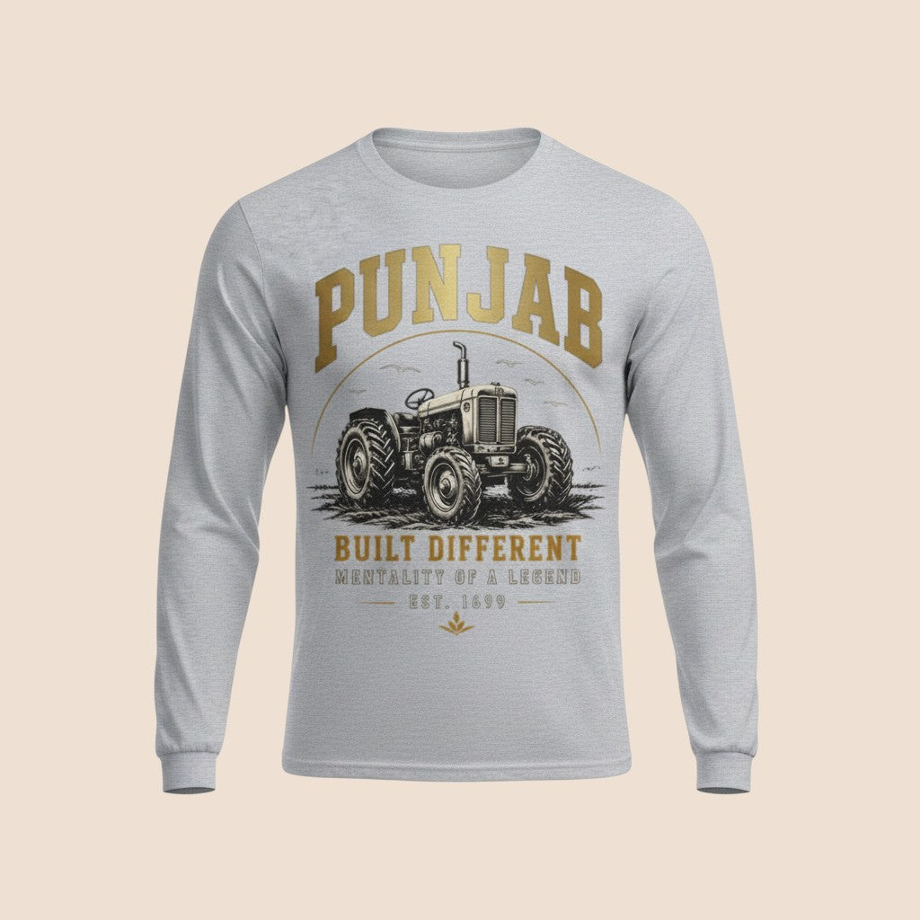 PUNJAB BOLDA grey long sleeve cotton shirt featuring a vintage tractor graphic and Built Different text design.