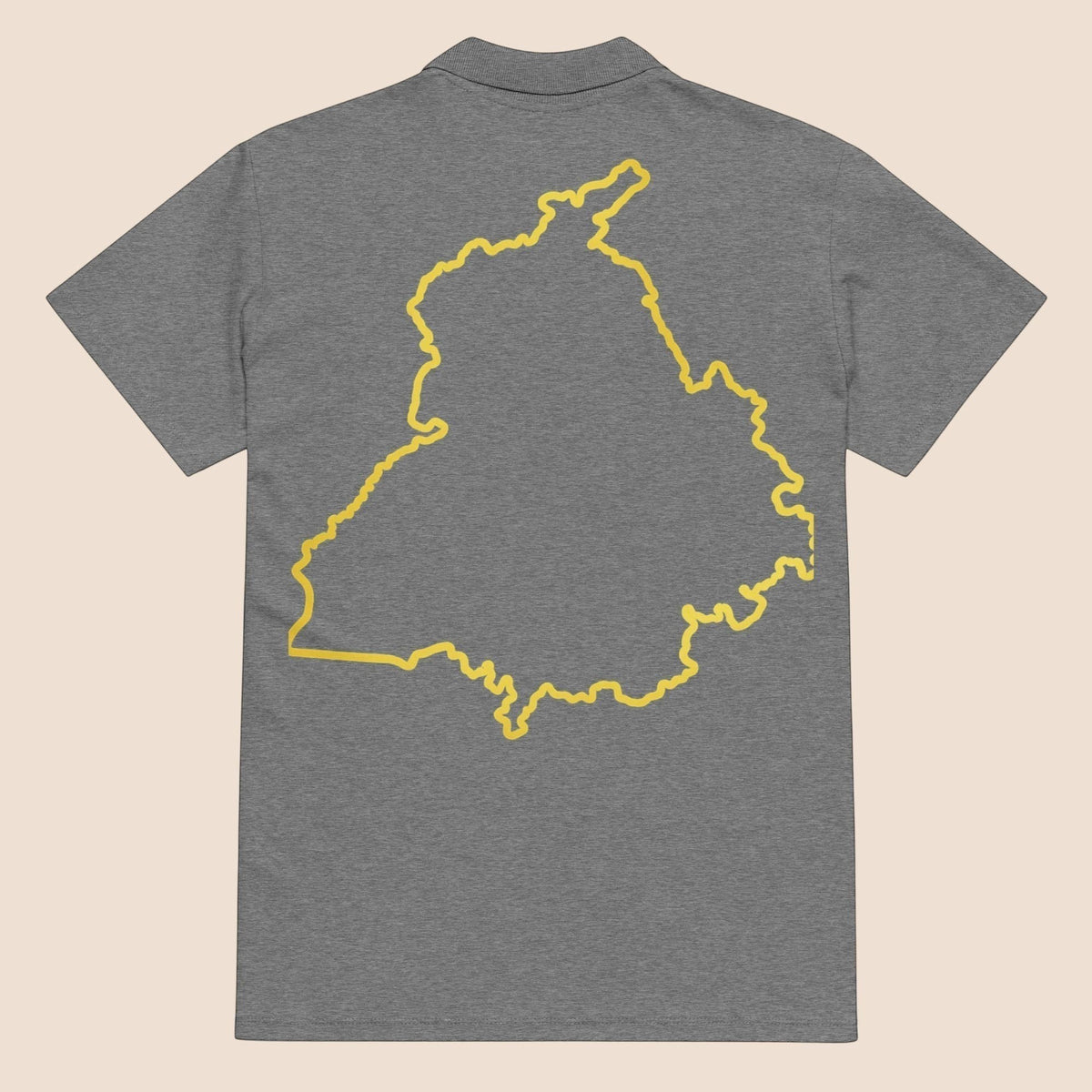 PUNJAB BOLDA grey pique polo shirt with a yellow outline map of Punjab on the back, made from soft cotton fabric.