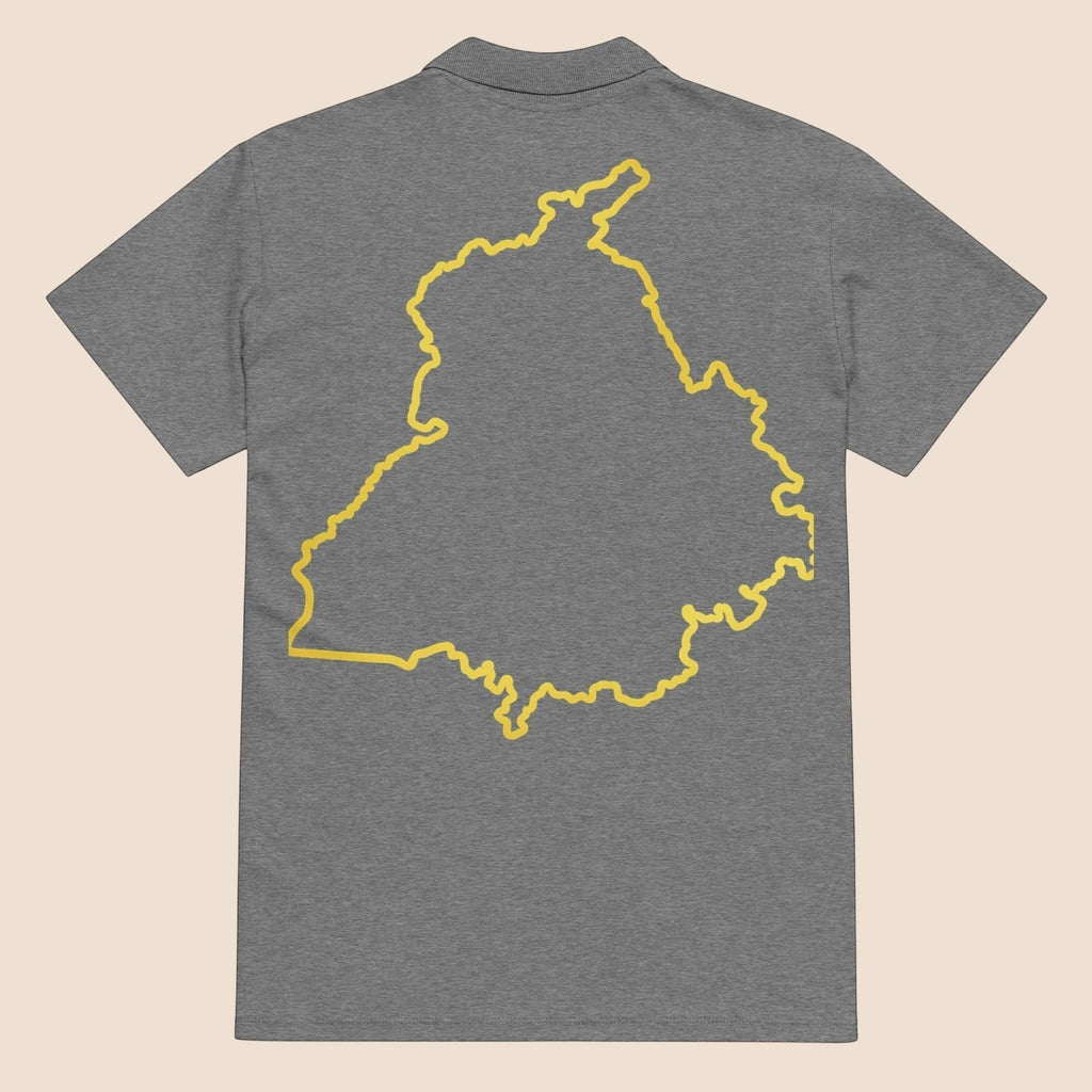 PUNJAB BOLDA grey pique polo shirt with a yellow outline of Punjab on the back, made from soft cotton blend fabric.