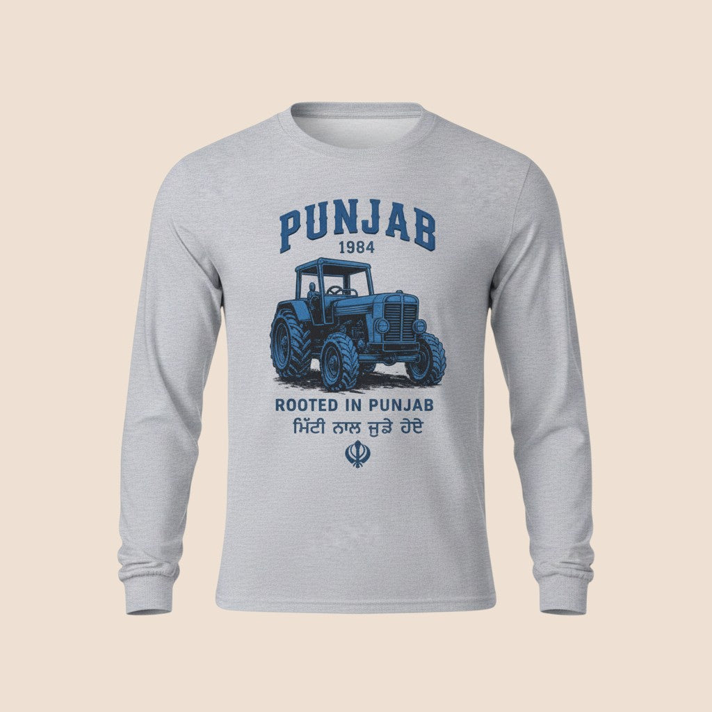 PUNJAB BOLDA grey long sleeve cotton shirt with a blue tractor graphic and Punjab 1984 text print.