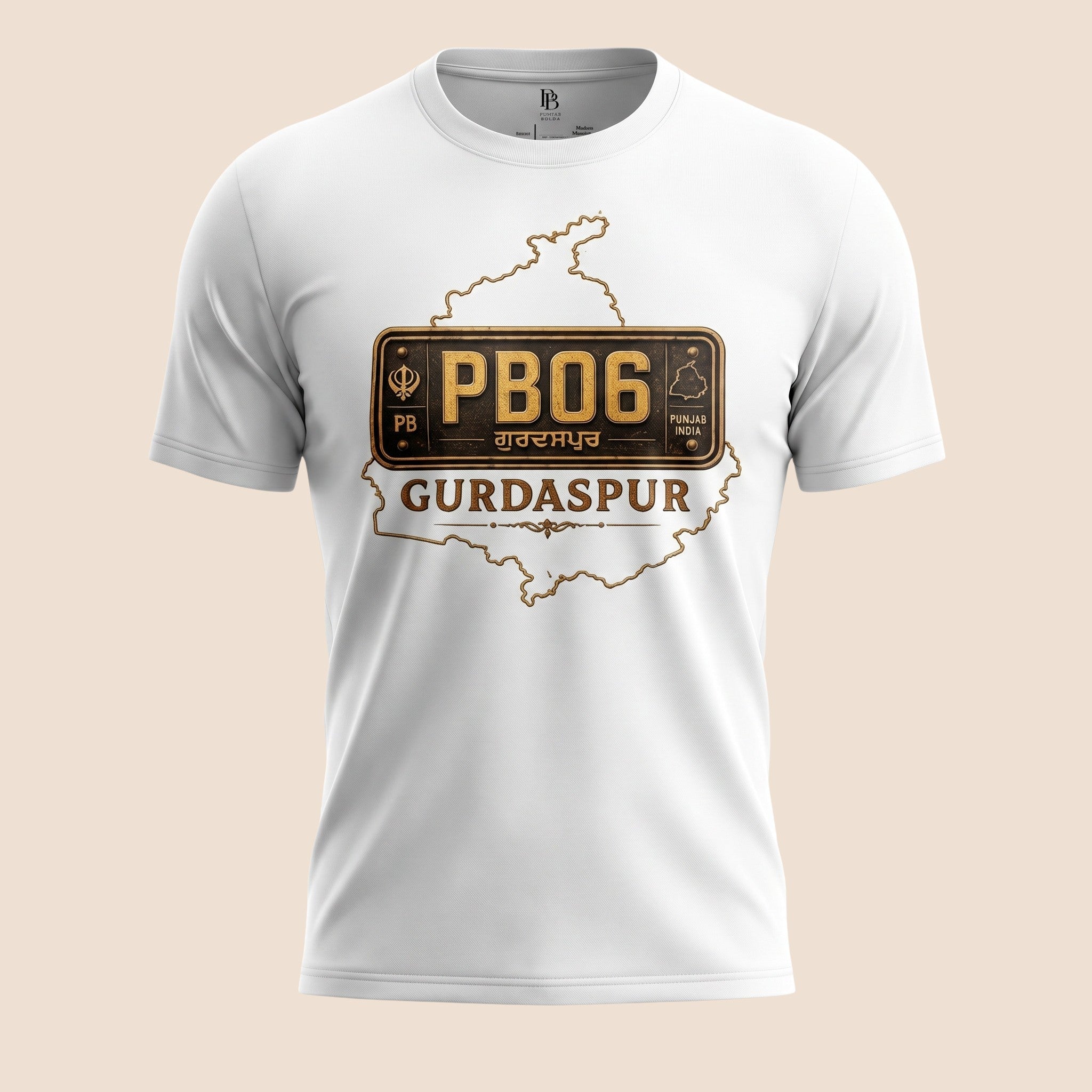 PUNJAB BOLDA white unisex classic tee featuring a Gurdaspur PB06 license plate graphic and district map outline.