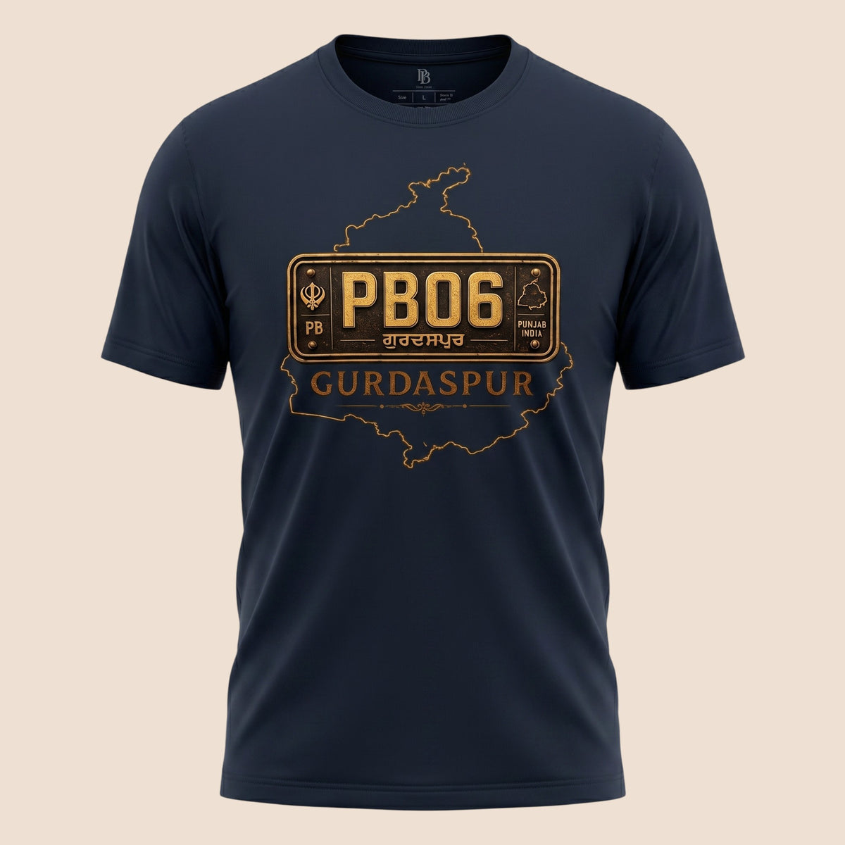 PUNJAB BOLDA navy blue unisex classic tee featuring a gold PB06 Gurdaspur district graphic print