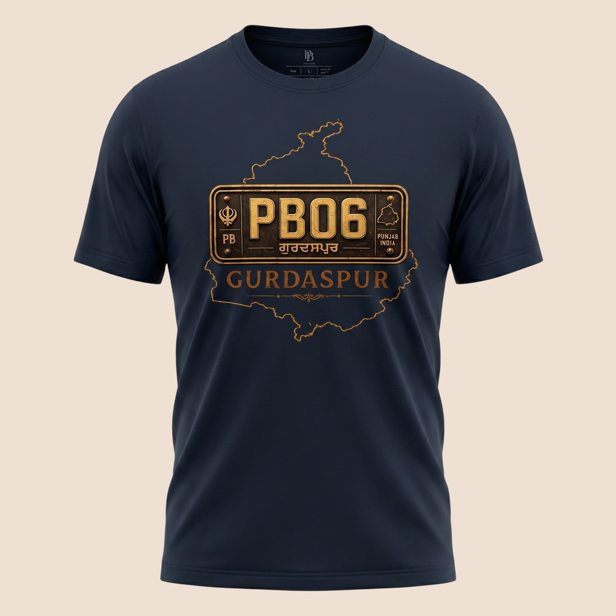 PUNJAB BOLDA navy blue unisex classic tee featuring a gold PB06 Gurdaspur district graphic print