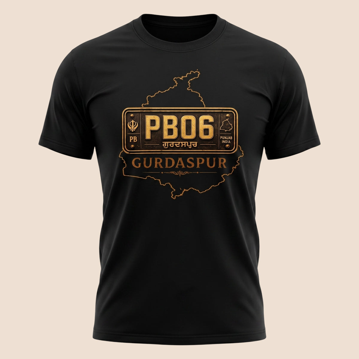 PUNJAB BOLDA black unisex classic tee featuring a gold Gurdaspur district map and PB06 license plate graphic.