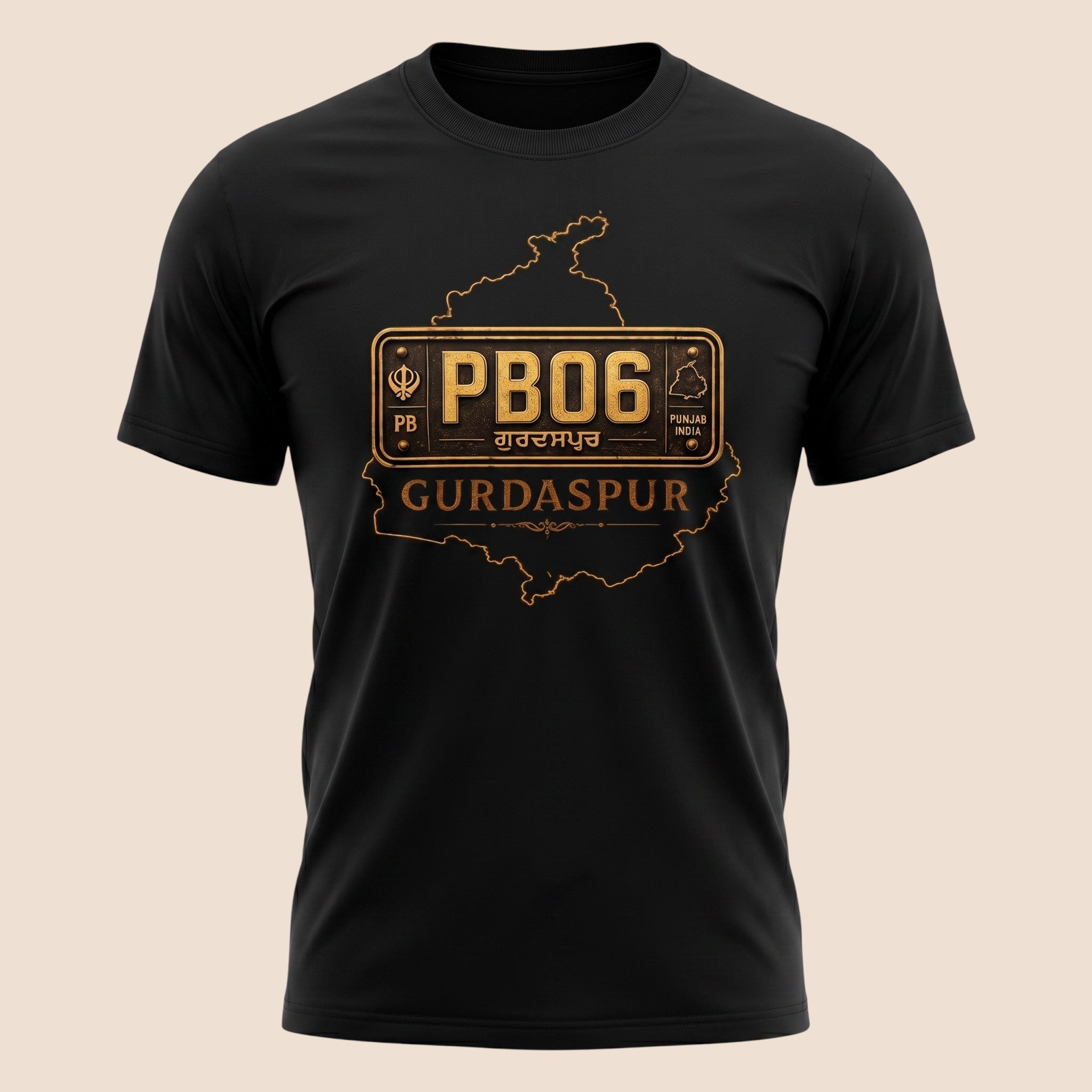 PUNJAB BOLDA black unisex classic tee featuring a gold Gurdaspur district map and PB06 license plate graphic.