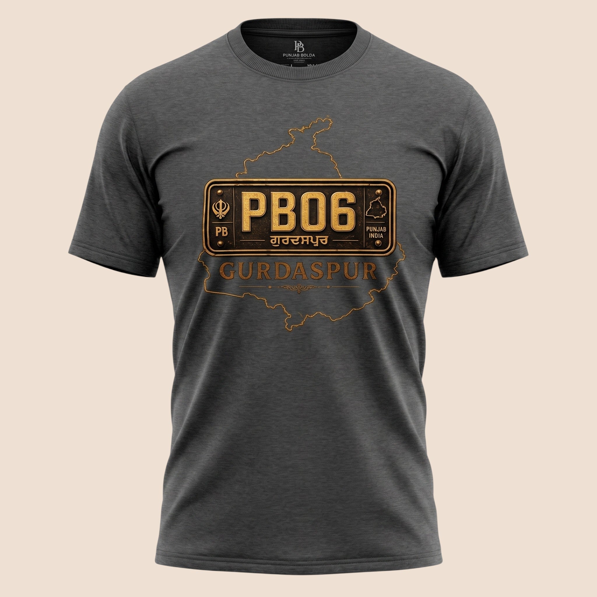 PUNJAB BOLDA charcoal grey unisex classic tee featuring a Gurdaspur PB06 license plate graphic and district map.