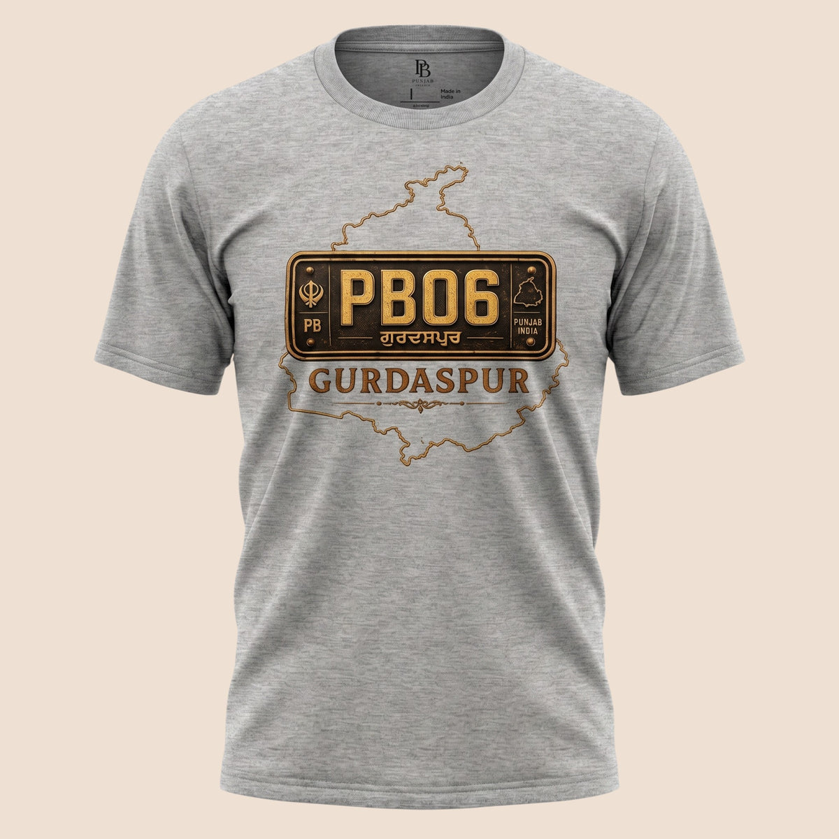 PUNJAB BOLDA grey unisex classic tee featuring a Gurdaspur PB06 license plate graphic and district map outline.