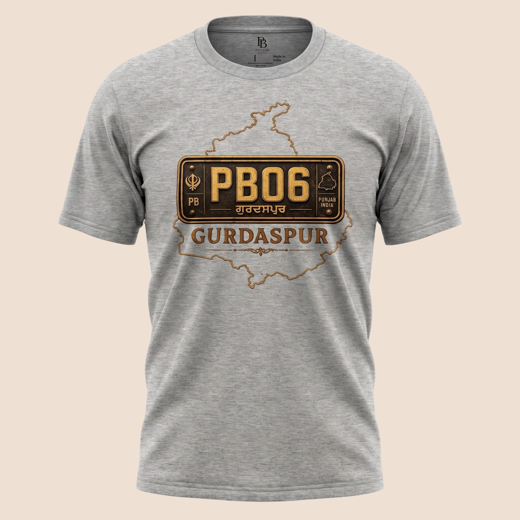 PUNJAB BOLDA grey unisex classic tee featuring a Gurdaspur PB06 license plate graphic and district map outline.