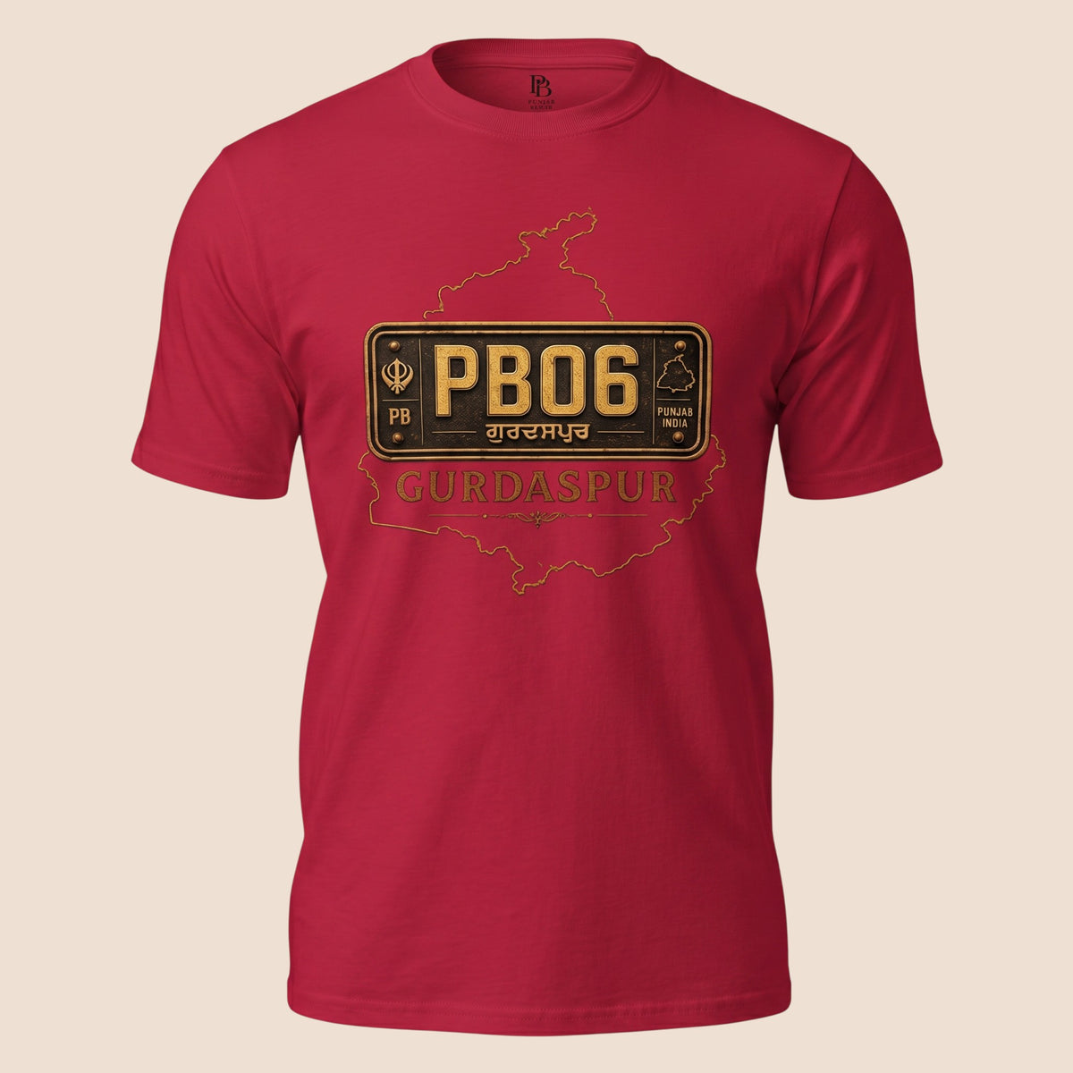 PUNJAB BOLDA red unisex classic tee featuring a Gurdaspur PB06 district license plate graphic design.