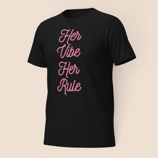 PUNJAB BOLDA black unisex cotton t-shirt featuring pink cursive text reading Her Vibe Her Rule on the front.