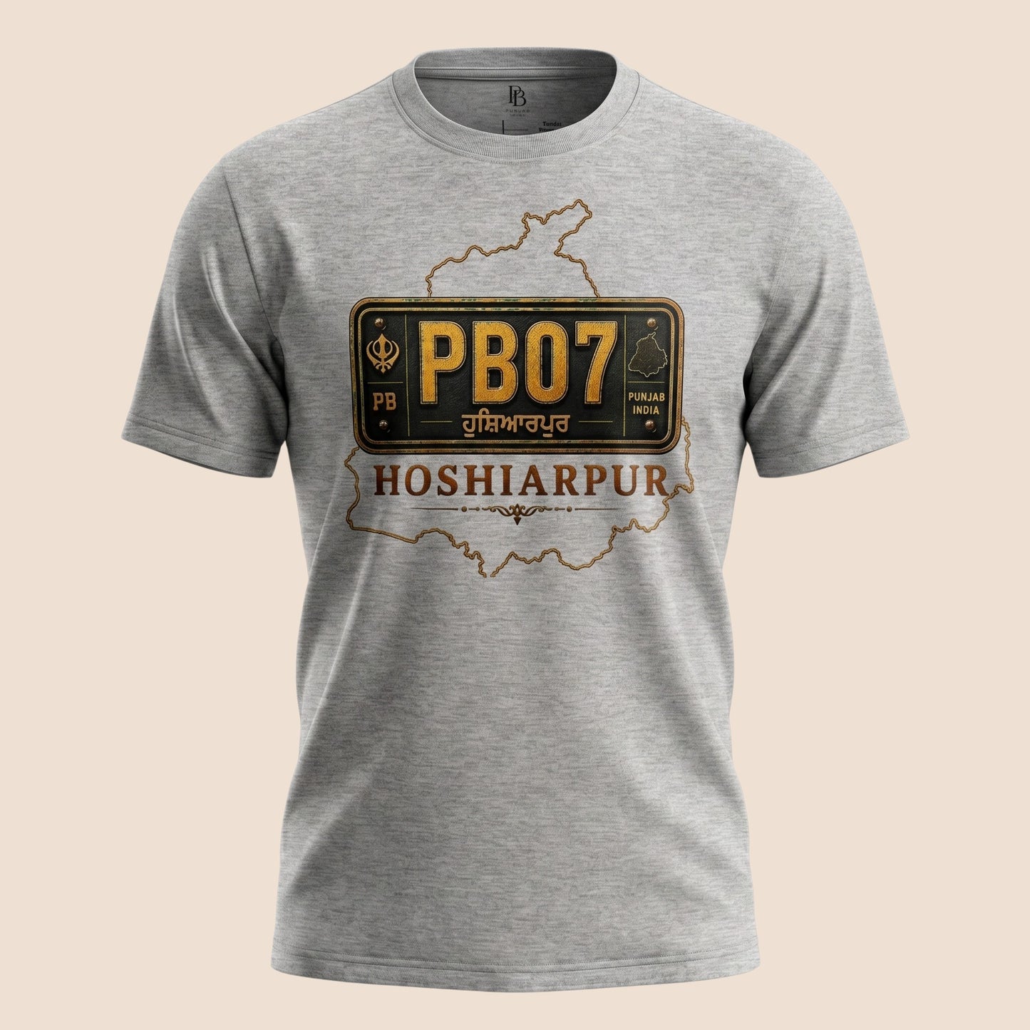PUNJAB BOLDA grey unisex cotton t-shirt featuring a Hoshiarpur PB07 license plate graphic and map outline design.