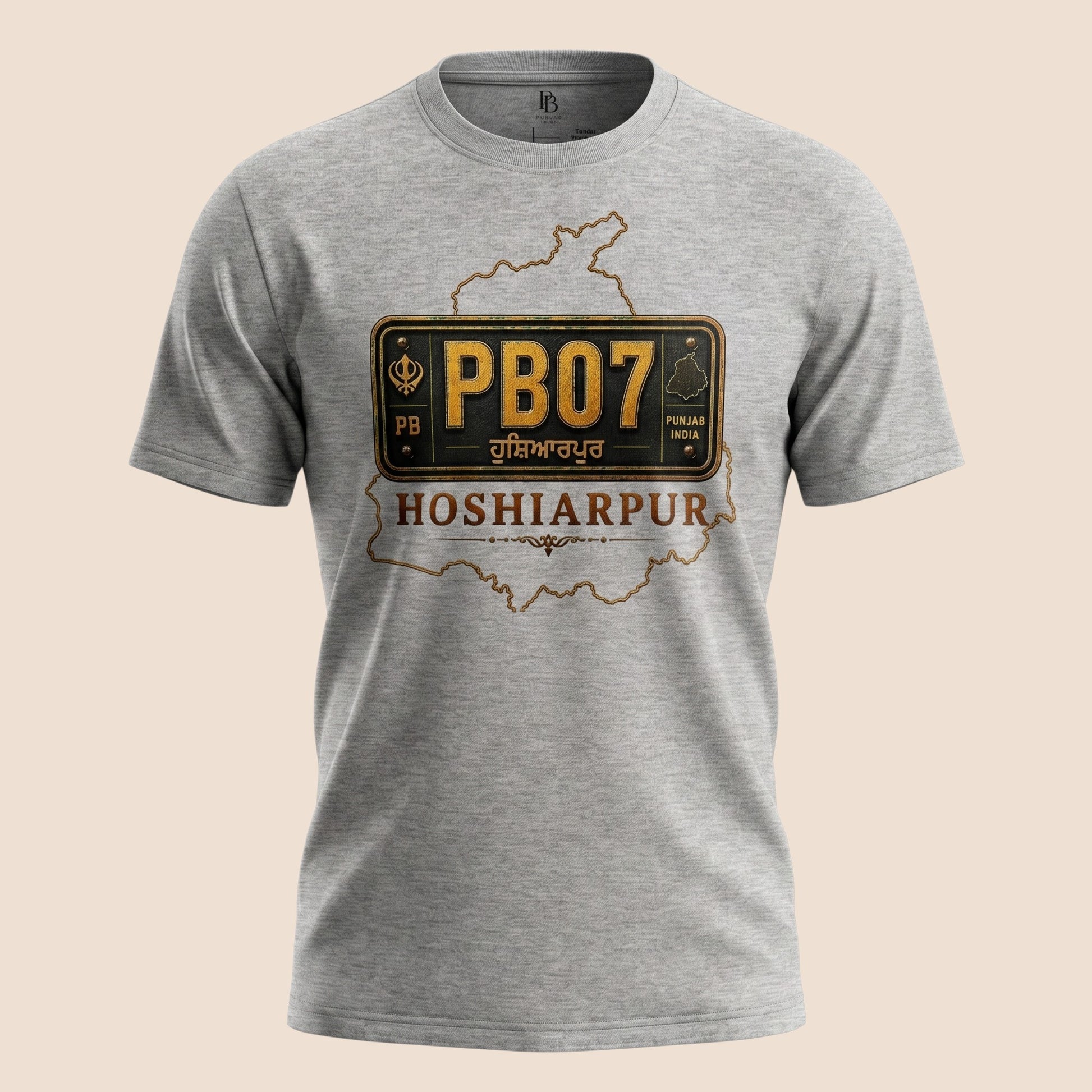 PUNJAB BOLDA grey unisex cotton t-shirt featuring a Hoshiarpur PB07 license plate graphic and map outline design.