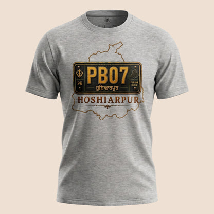 PUNJAB BOLDA grey unisex cotton t-shirt featuring a Hoshiarpur PB07 license plate graphic and map outline design.