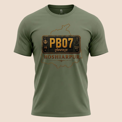 PUNJAB BOLDA olive green unisex cotton classic tee featuring a PB07 Hoshiarpur graphic print on the chest.
