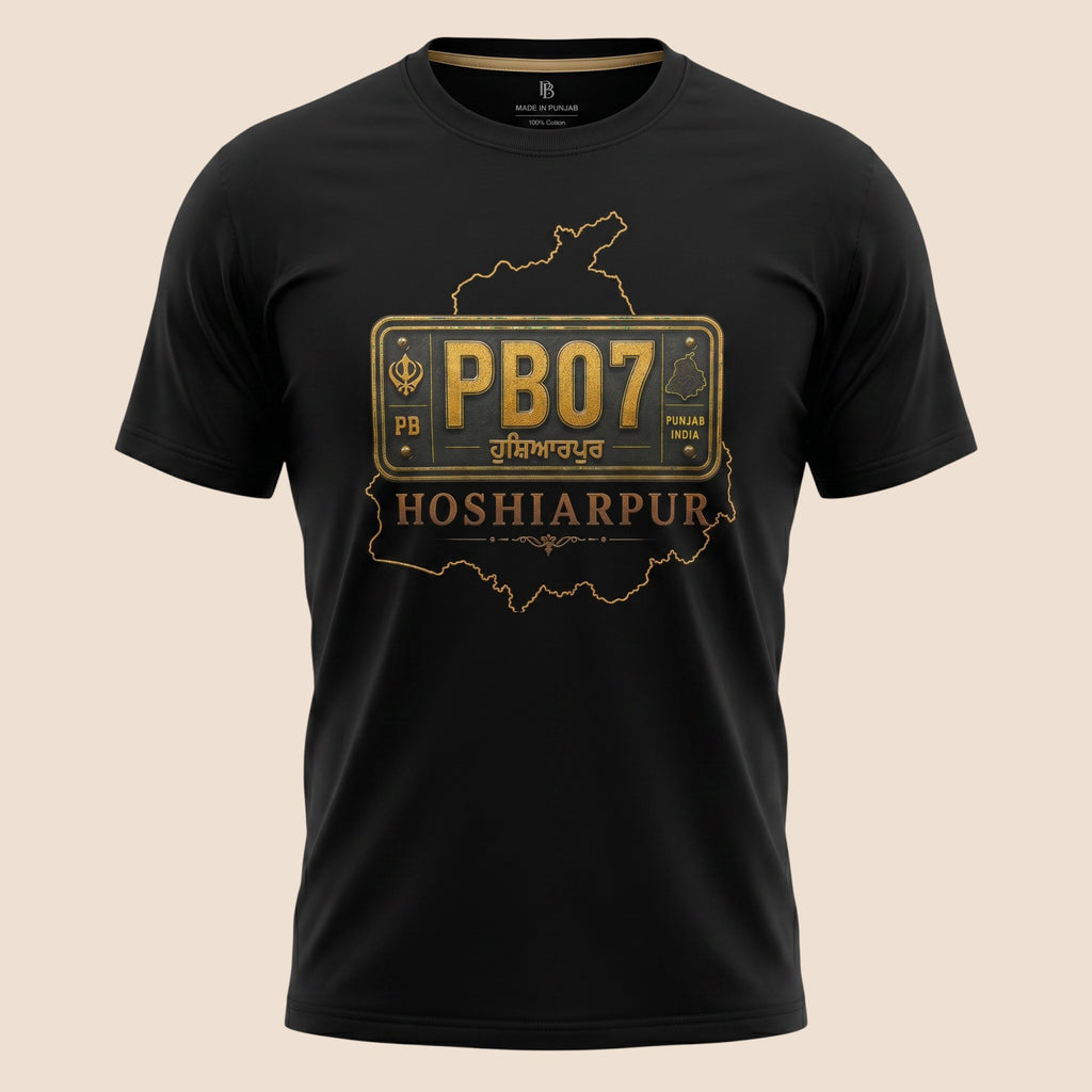 PUNJAB BOLDA black 100% cotton unisex classic tee featuring a gold PB07 Hoshiarpur graphic print on the chest.