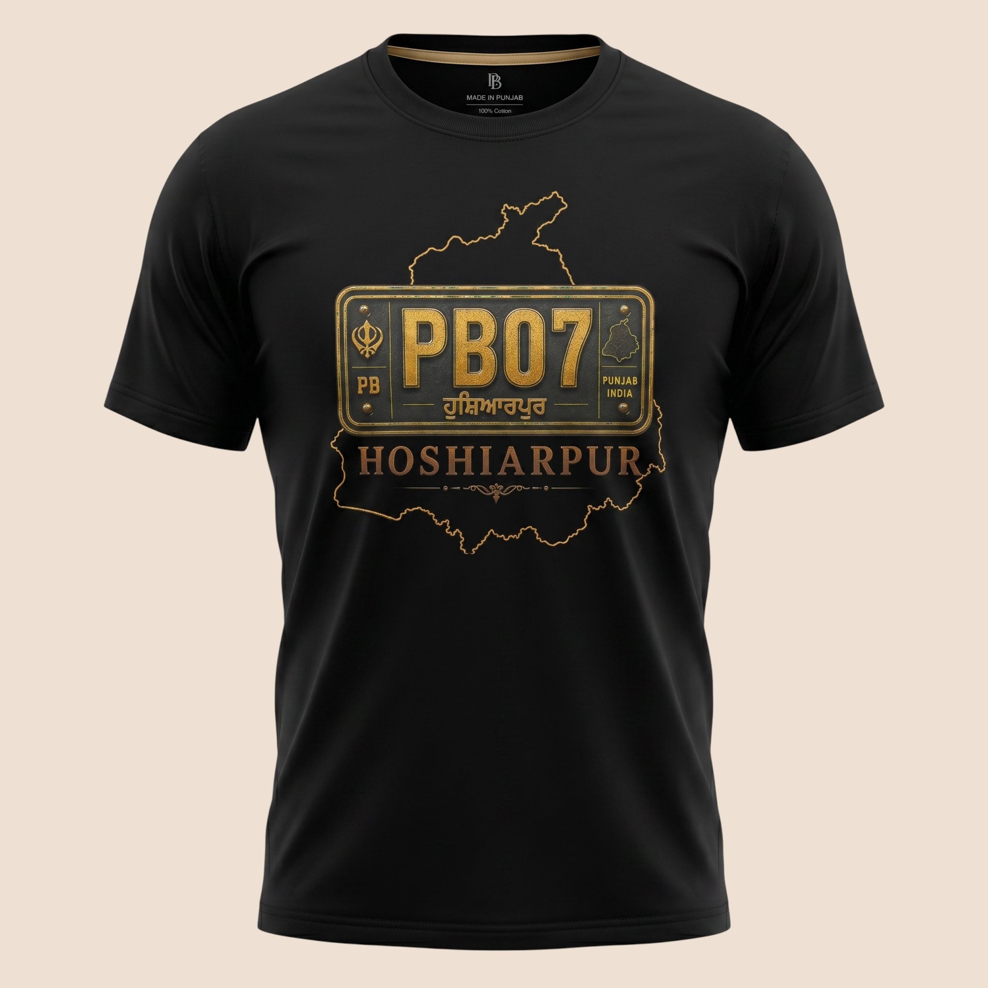 PUNJAB BOLDA black 100% cotton unisex classic tee featuring a gold PB07 Hoshiarpur graphic print on the chest.