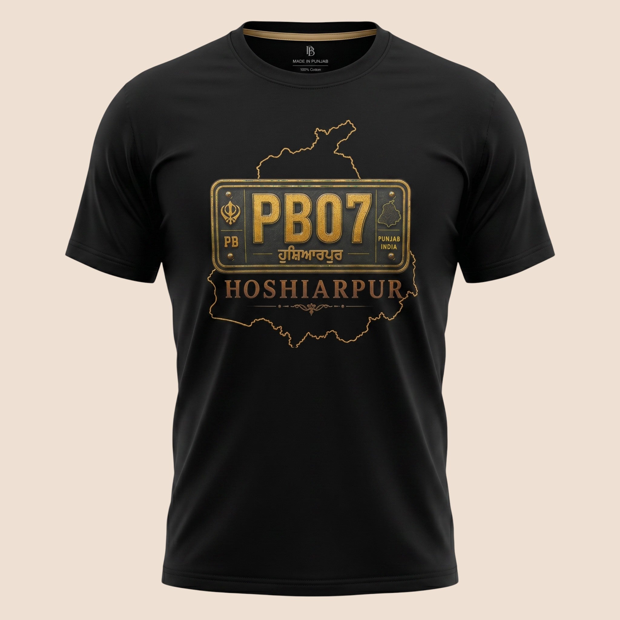 PUNJAB BOLDA black 100% cotton unisex classic tee featuring a gold PB07 Hoshiarpur graphic print on the chest.