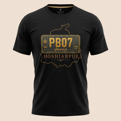 PUNJAB BOLDA black 100% cotton unisex classic tee featuring a gold PB07 Hoshiarpur graphic print on the chest.