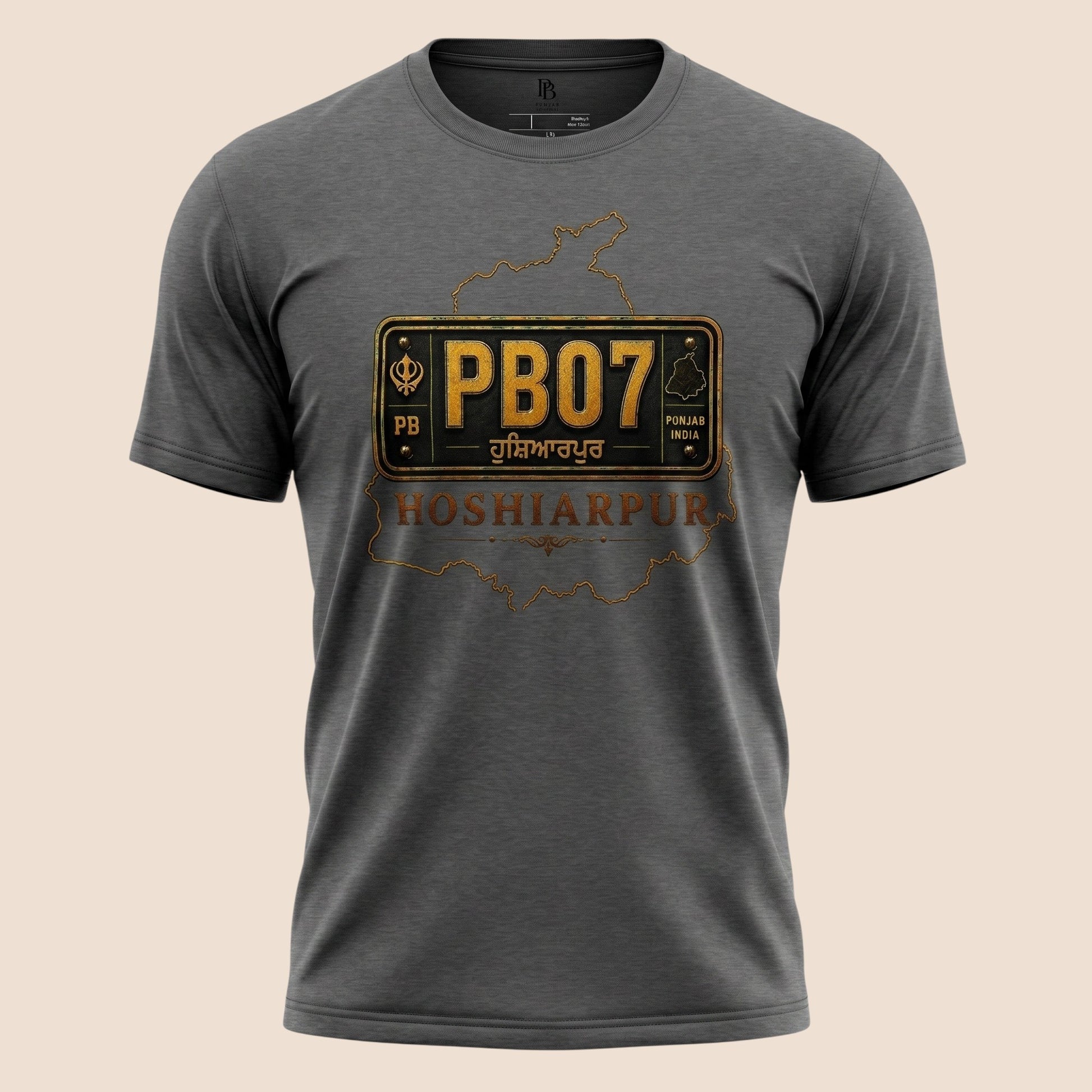 PUNJAB BOLDA charcoal grey unisex cotton tee featuring a vintage PB07 Hoshiarpur license plate graphic design.