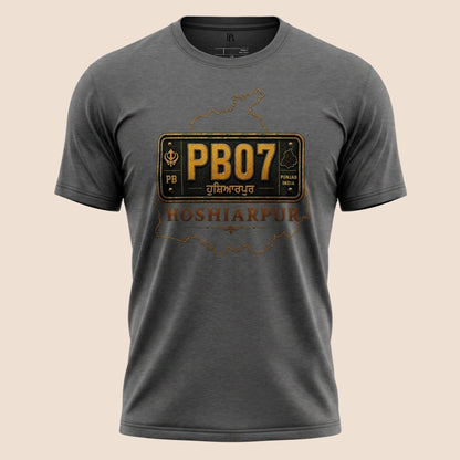 PUNJAB BOLDA charcoal grey unisex cotton tee featuring a vintage PB07 Hoshiarpur license plate graphic design.