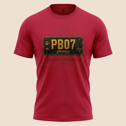 PUNJAB BOLDA red unisex classic cotton tee featuring a vintage PB07 Hoshiarpur license plate graphic design.