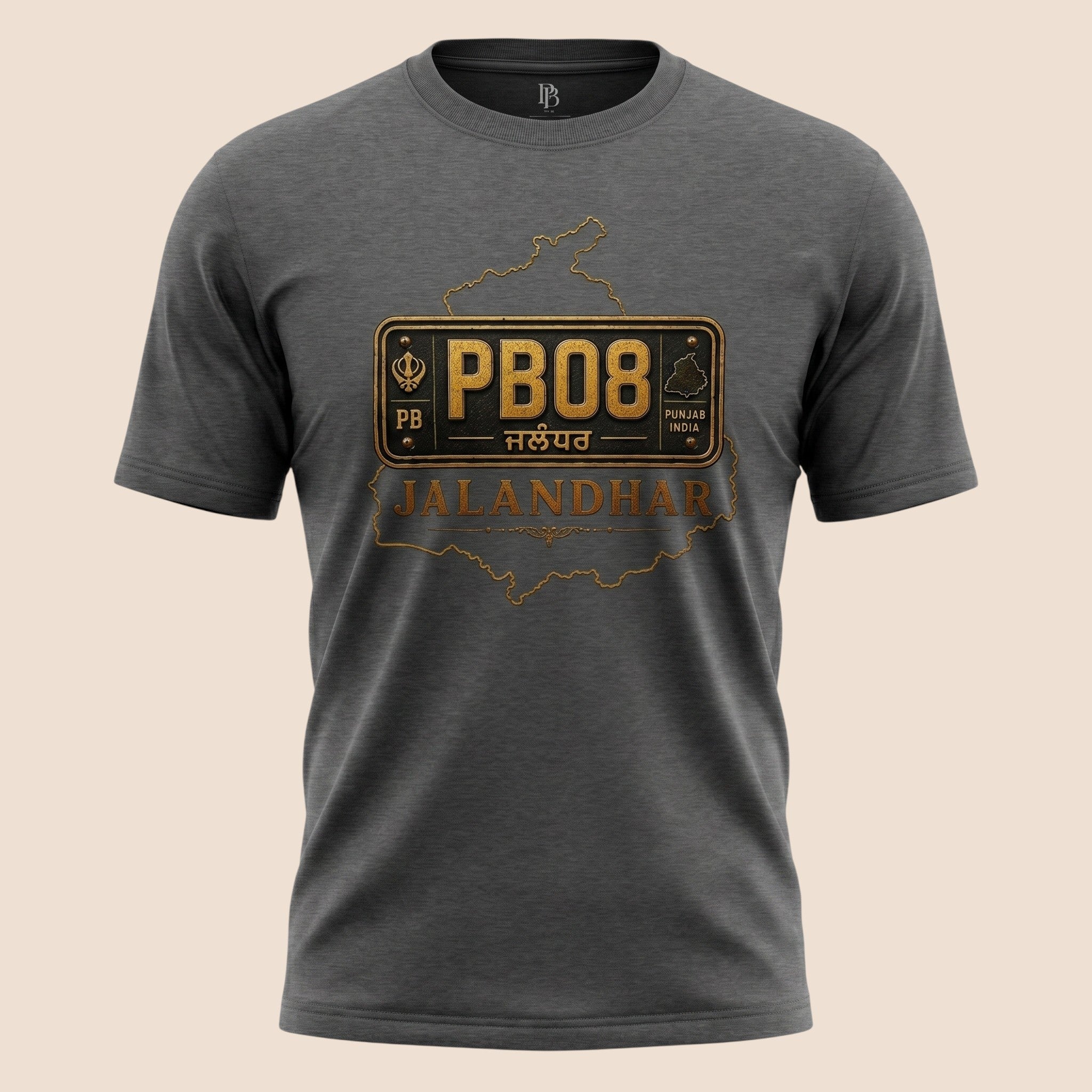 PUNJAB BOLDA charcoal grey unisex classic tee featuring a PB08 Jalandhar district license plate graphic design.