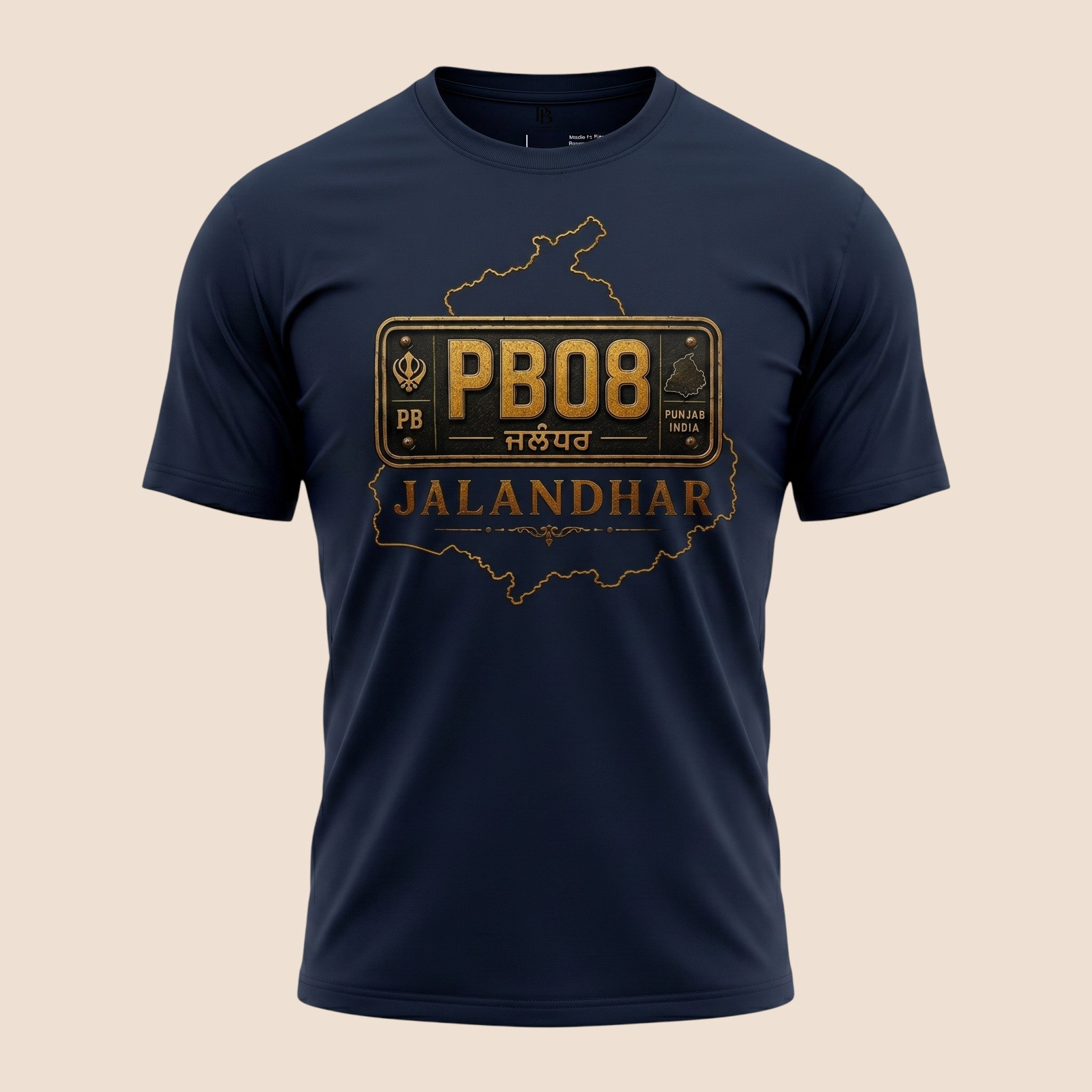 PUNJAB BOLDA navy blue unisex classic tee featuring a gold PB08 Jalandhar district graphic print.