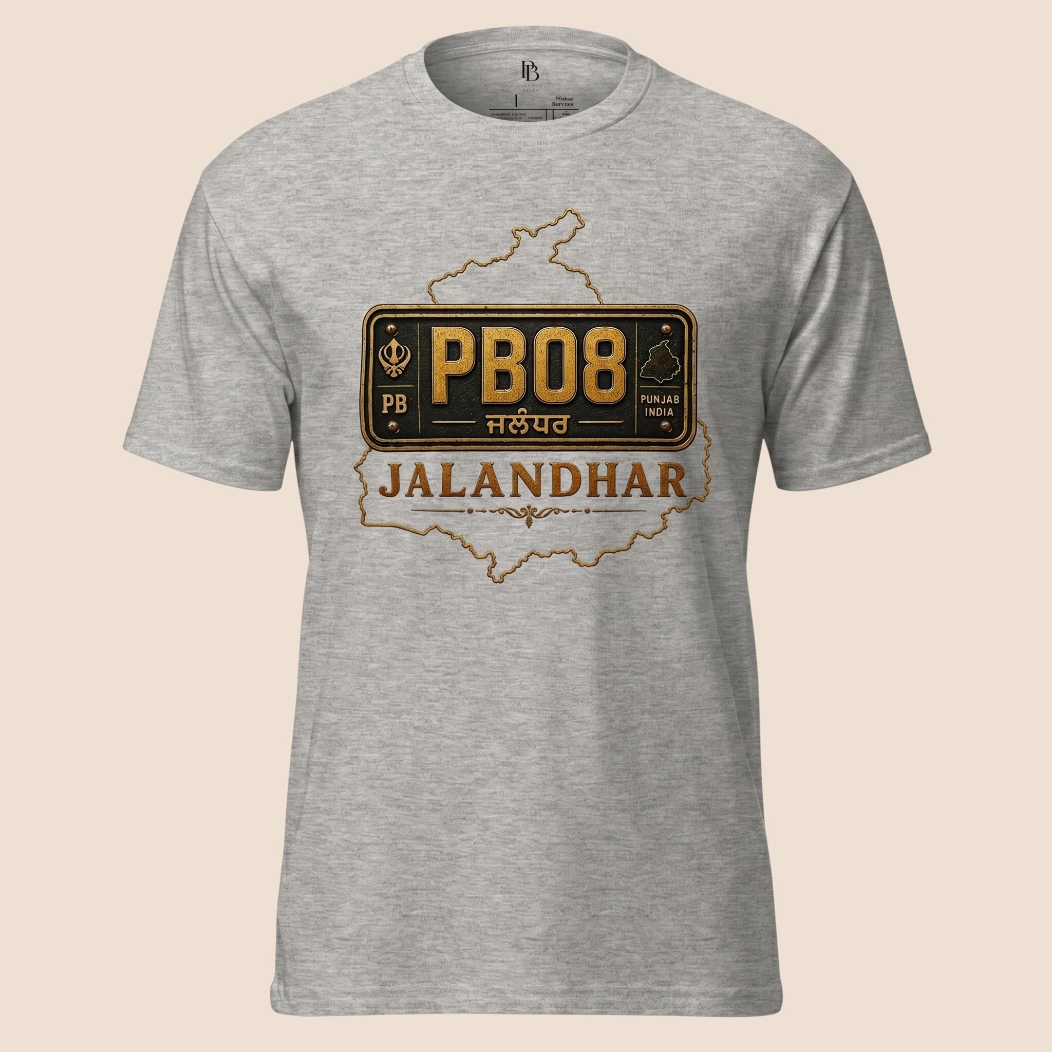 PUNJAB BOLDA grey unisex classic tee featuring a Jalandhar district license plate graphic with PB08 text.