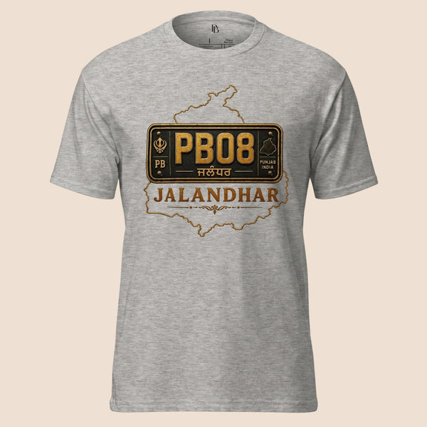 PUNJAB BOLDA grey unisex classic tee featuring a Jalandhar district license plate graphic with PB08 text.