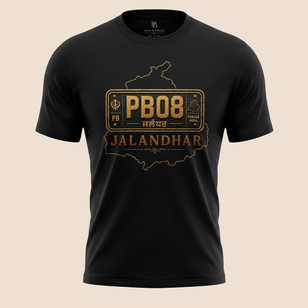 PUNJAB BOLDA black unisex classic tee featuring a gold PB08 Jalandhar district license plate graphic design.