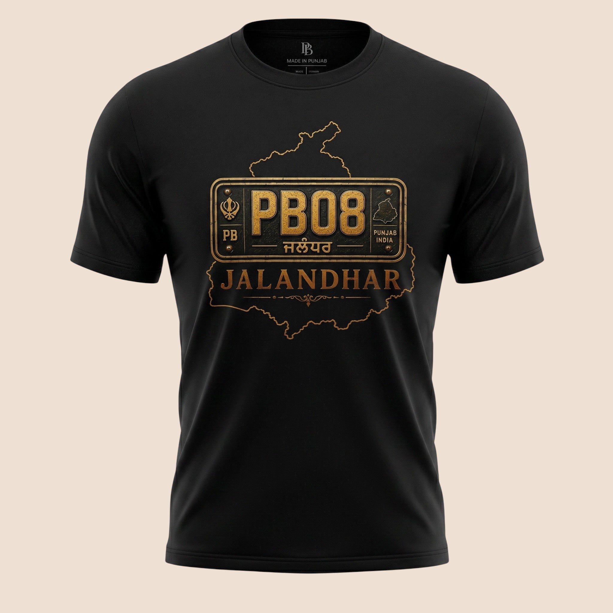PUNJAB BOLDA black unisex classic tee featuring a gold PB08 Jalandhar district license plate graphic design.