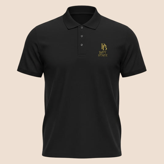 PUNJAB BOLDA black JATT STATE premium pique cotton polo shirt with ribbed collar and gold logo embroidery