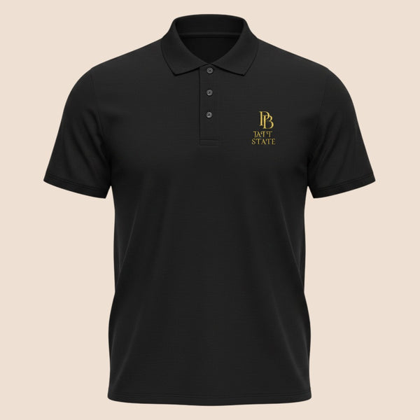PUNJAB BOLDA black JATT STATE premium pique cotton polo shirt with ribbed collar and gold logo embroidery