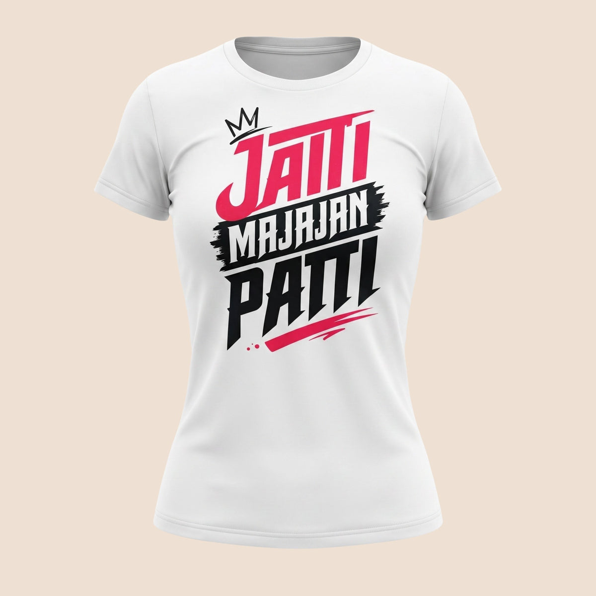 PUNJAB BOLDA white unisex classic cotton tee featuring bold Jatti Majajan Patti graphic print with a crown icon.