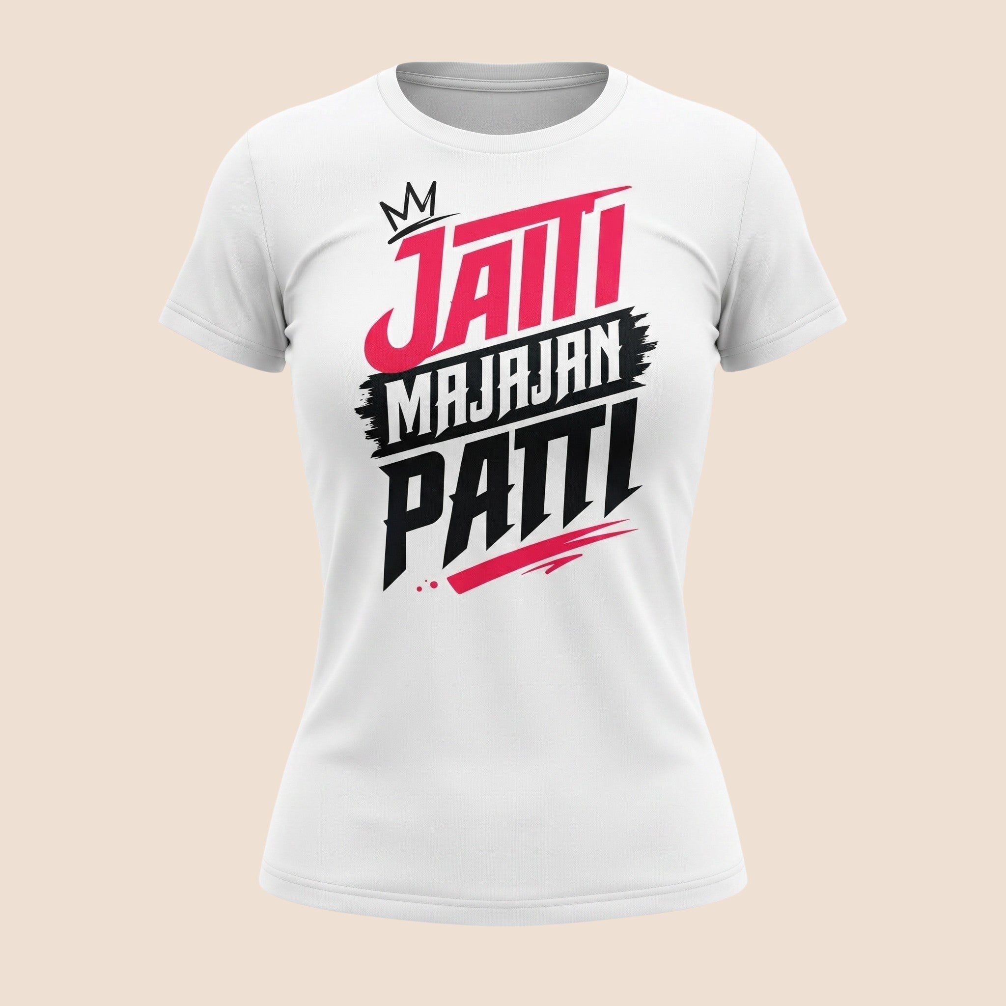 PUNJAB BOLDA white unisex classic cotton tee featuring bold Jatti Majajan Patti graphic print with a crown icon.