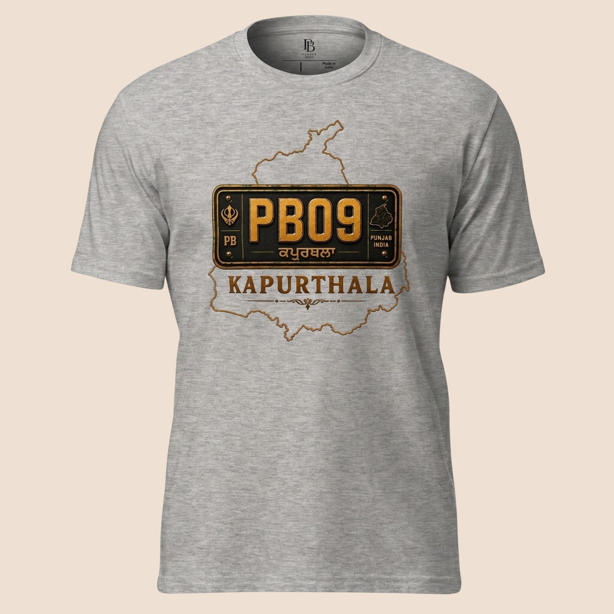 PUNJAB BOLDA grey unisex classic tee featuring a Kapurthala PB09 district license plate graphic and map outline.