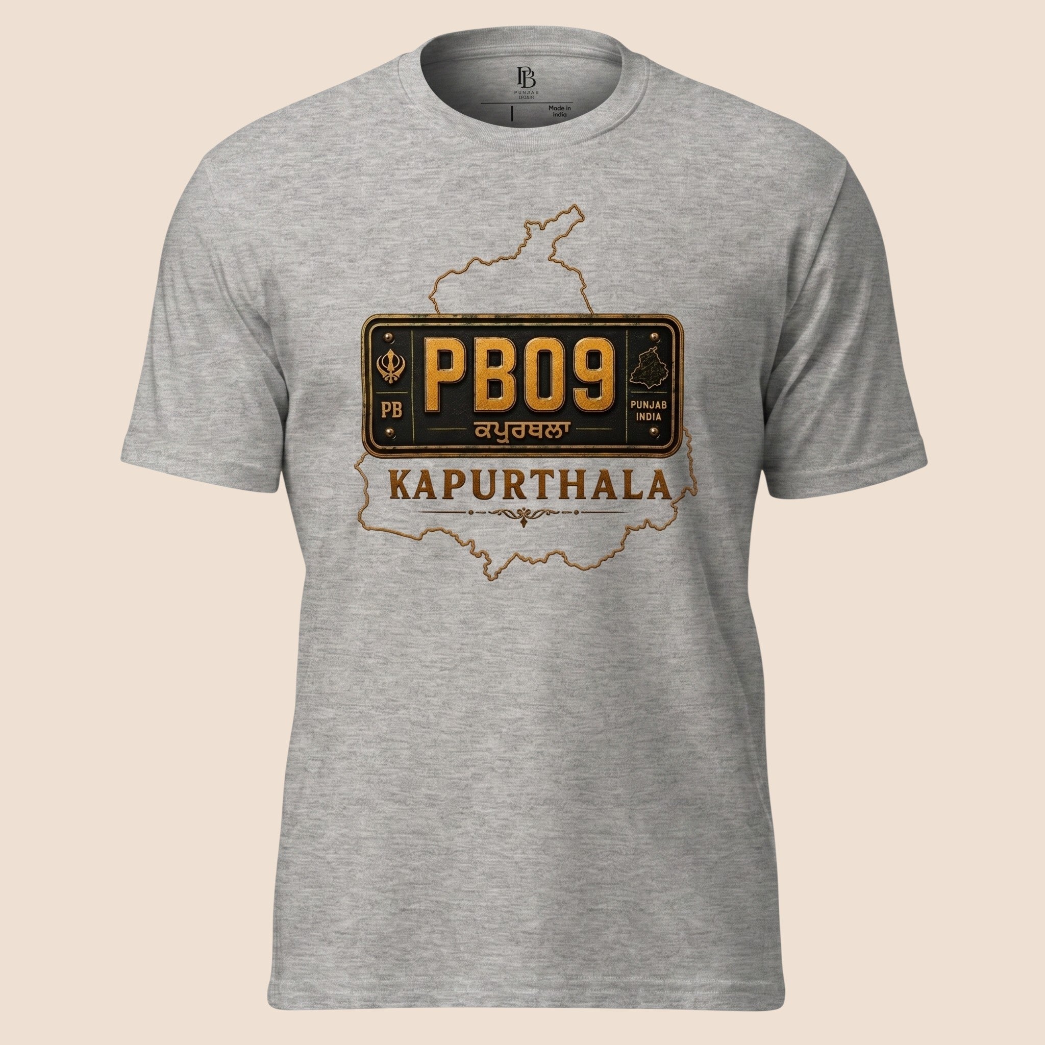 PUNJAB BOLDA grey unisex classic tee featuring a Kapurthala PB09 district license plate graphic and map outline.