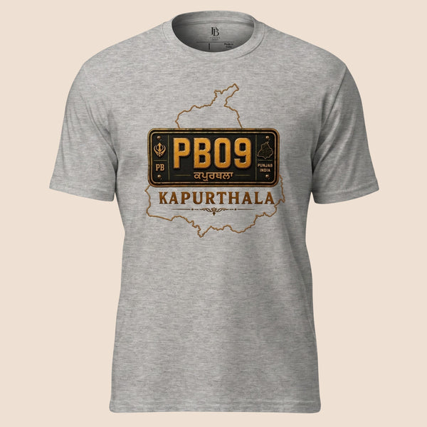 PUNJAB BOLDA grey unisex classic tee featuring a Kapurthala PB09 district license plate graphic and map outline.