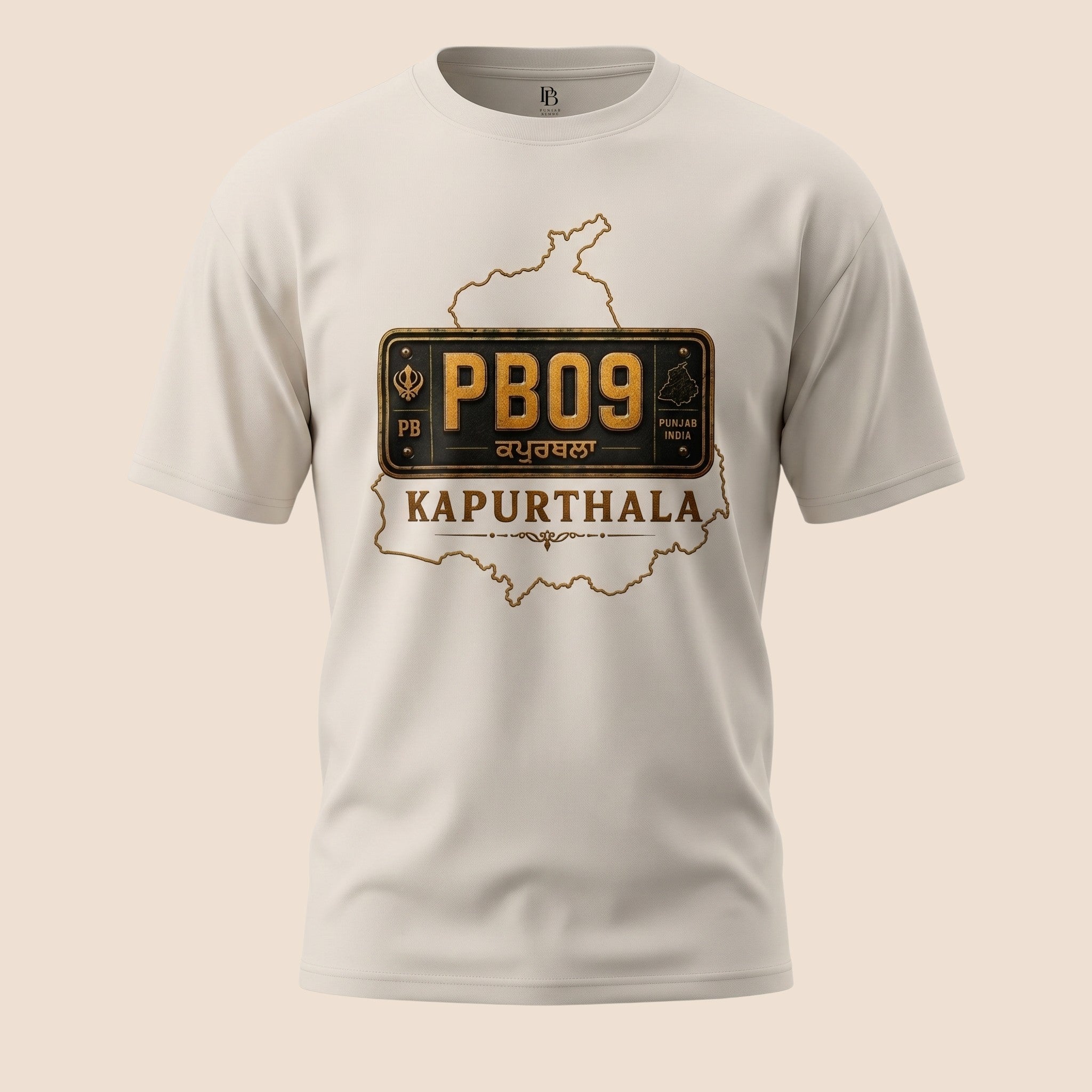 PUNJAB BOLDA unisex cream classic tee featuring a PB09 Kapurthala district license plate graphic and map outline.