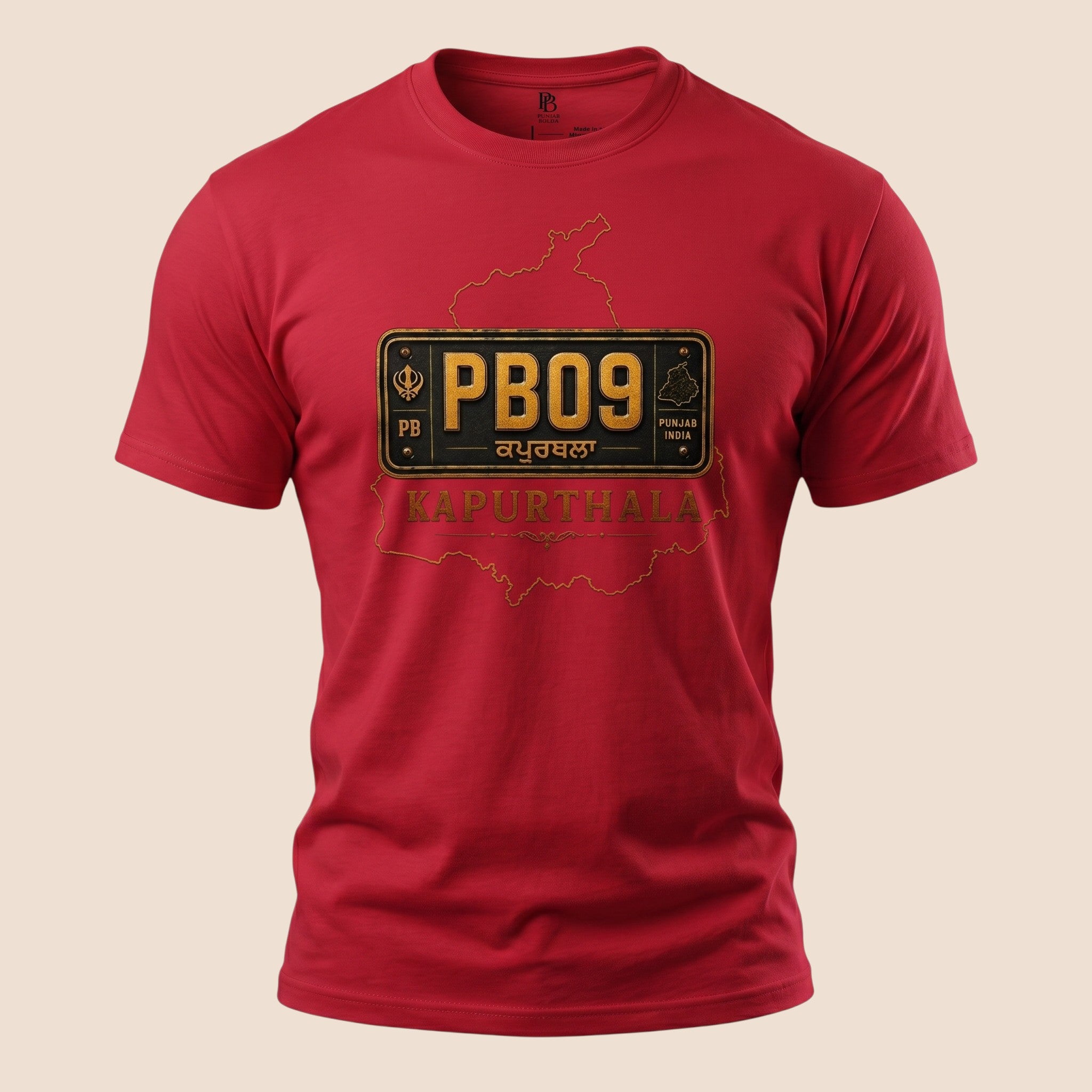 PUNJAB BOLDA red unisex classic tee featuring a PB09 Kapurthala district graphic print on the chest.