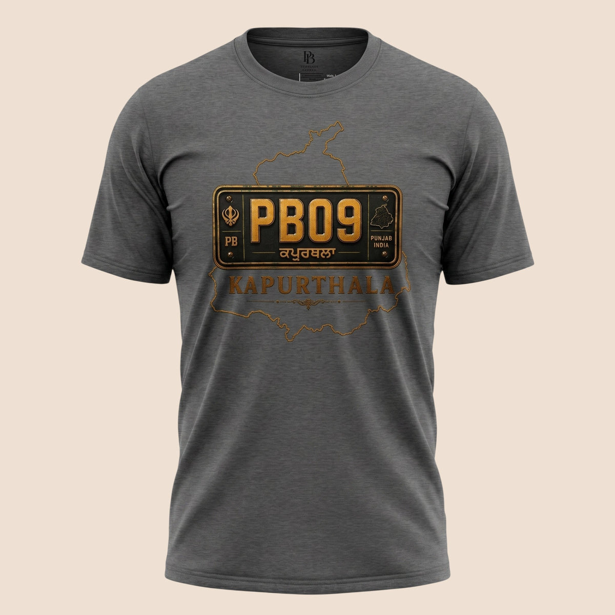 PUNJAB BOLDA charcoal grey unisex classic tee featuring a PB09 Kapurthala district graphic print