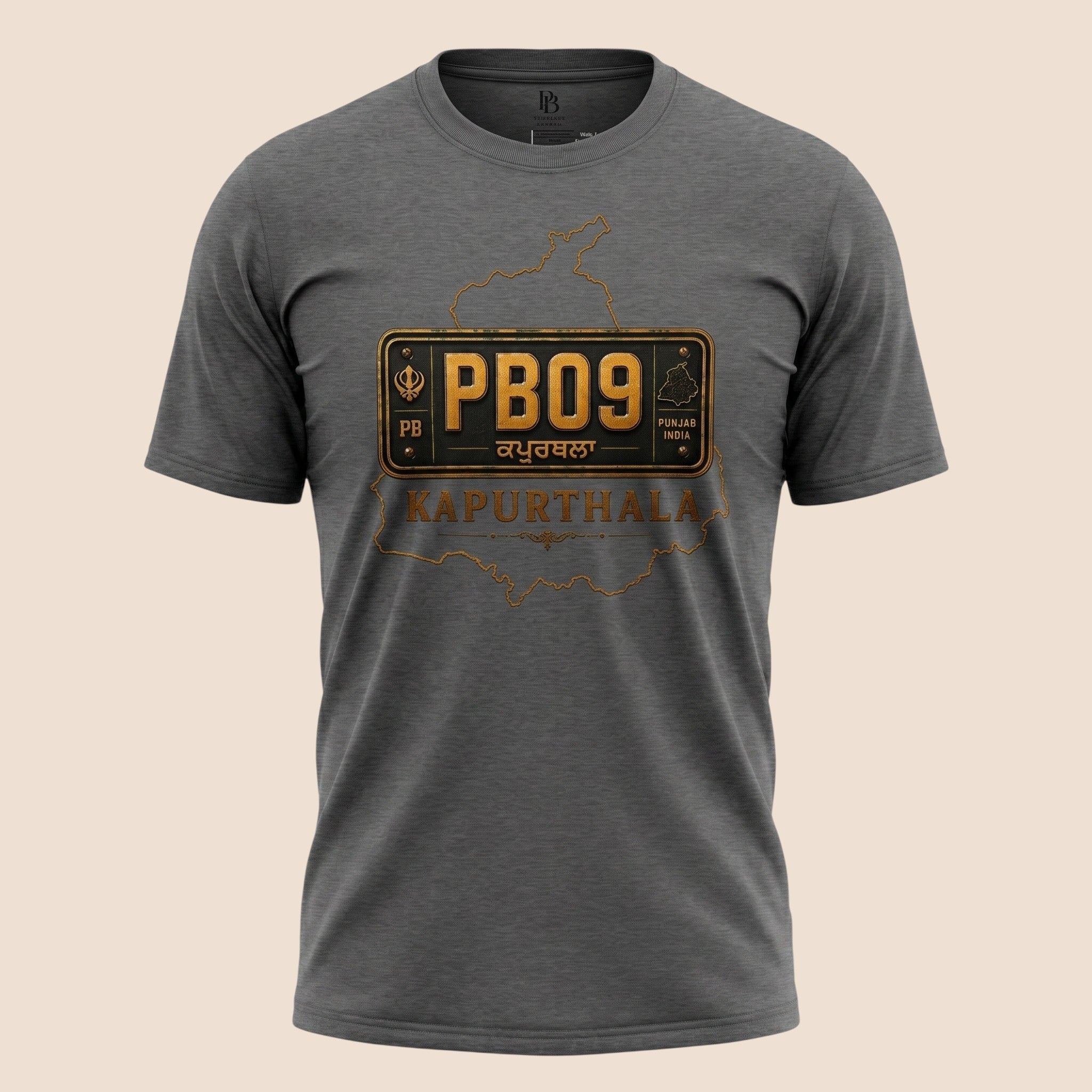 PUNJAB BOLDA charcoal grey unisex classic tee featuring a PB09 Kapurthala district graphic print