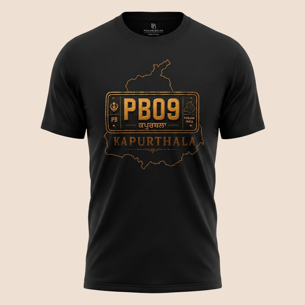 PUNJAB BOLDA black unisex classic tee featuring a gold PB09 Kapurthala district graphic print on the chest.